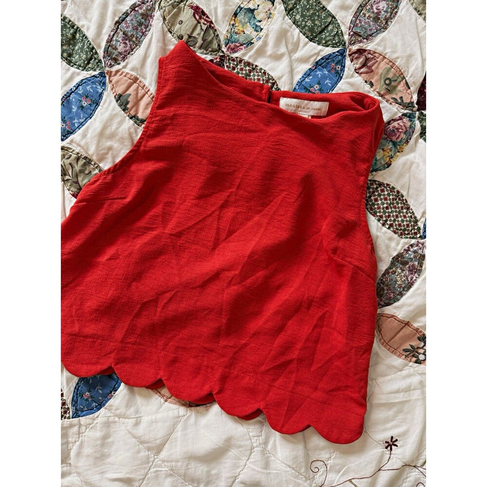 Monteau Los Angeles Women's Red Solid Sleeveless Scalloped Hem Tank, Size S